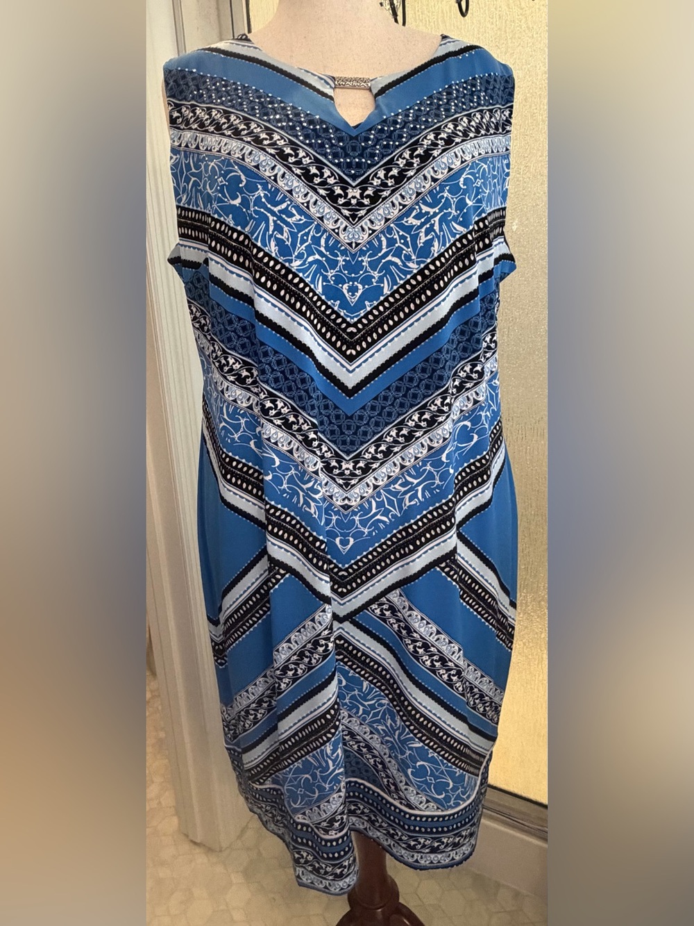JM Collection Blue & White Chevron Sleeveless Midi Dress 3X $40 BNWT
